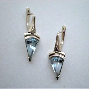 Russian Russia 14K 585 White Gold Blue Topaz Modernist Style Dangle EARRINGS 10g